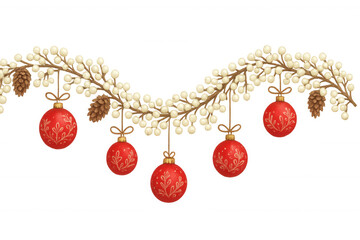 Wall Mural - Christmas garland watercolor decorating with red ornaments, berries, and pinecones, festive winter holidays