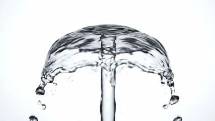 Wall Mural - Cinematic slow motion reveals an elegant water splash with a graceful mushroom cloud shape, set against a pristine white background graphic, liquid, elegant