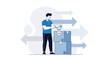 © ANDRE - Business Process Analysis: A Man Inspecting Boxes With Directional Arrows In Illustration