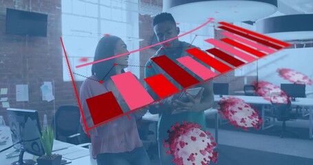 Wall Mural - Coworkers glancing at tablets and scrolling red bar while monitoring virus icons and data trends