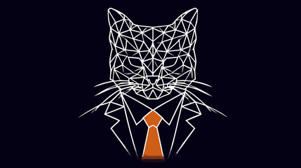 Geometric wireframe cat wearing a suit and orange tie. Modern polygonal animal design, abstract digital art representing technology and business.