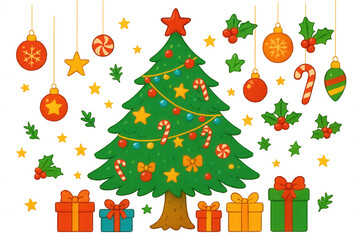 Wall Mural - Christmas tree and festive decorations set featuring ornaments, gifts, holly, and stars, transparent