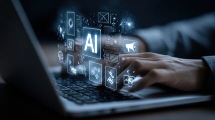 Artificial Intelligence Interface on Laptop: Hands Interacting with AI Icons for Machine Learning Applications