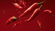 © The Little Hut - Fiery Red Chili Peppers Floating with Crushed Flakes Against a Vibrant Red Background, Food Photography