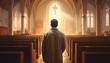 © Alfaro - Man in church contemplating with sunlight shining through window and wooden pews