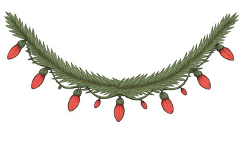 Wall Mural - Christmas garland decoration with red vintage light bulbs, festive pine branch border, transparent background