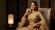 © Chetanraj - Elegant Indian woman in golden designer lehenga choli with jewelry and dupatta, traditional bridal fashion portrait showcasing luxury ethnic wear for weddings and festive occasions