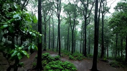 Wall Mural - A wide shot of a dense forest during a steady downpour, rain dripping from leaves and branches, captured with a slow, sweeping crane shot droplets, outdoor, storm