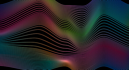Wall Mural - Vector illustration in modern abstract neon style. Wavy gradient lines in pink, green, blue flow across a black background, creating a dynamic sense of motion and energy.