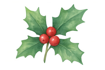 Wall Mural - Holly sprig with red berries, watercolor painting illustration, christmas and winter holiday decorating element, transparent background