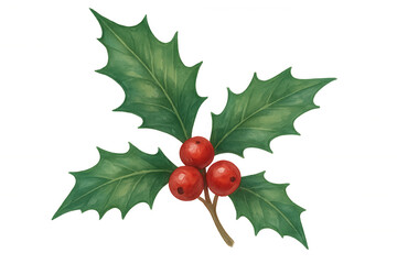 Wall Mural - Hand painted watercolor holly branch with green leaves and red berries, symbolizing winter holidays and christmas