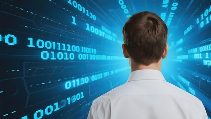 Man facing a digital display of binary code in a futuristic technological environment