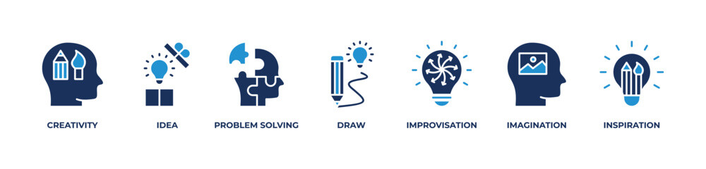 Imagination to Solutions Icons set vector illustration blue with Creativity, Idea, Problem solving, Draw, Improvisation, Imagination, Inspiration