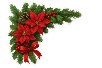 Wall Mural - Christmas holiday corner border with festive poinsettia, pine, holly berries and red bow, transparent background