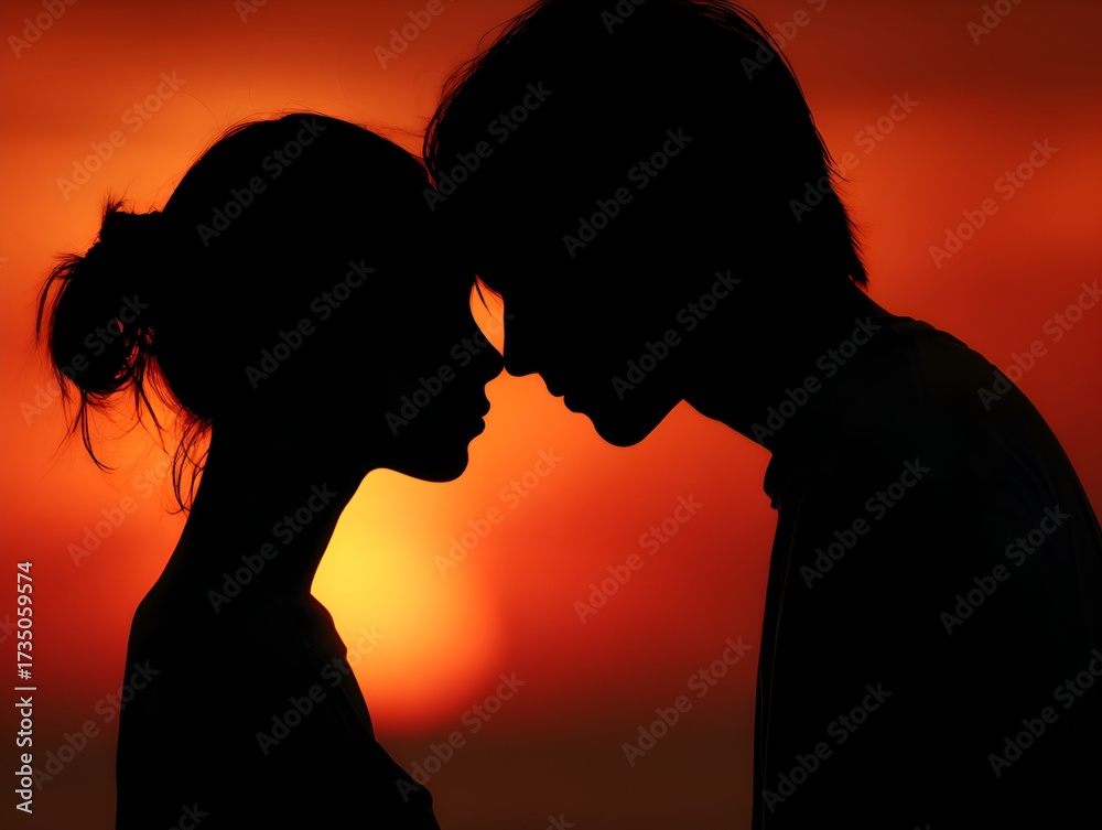 Silhouetted couple shares a tender moment foreheads touching against a ...