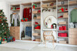 © Pixel-Shot - Modern wardrobe with stylish festive clothes, gift boxes and Christmas tree