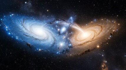 Wall Mural - a dramatic cosmic ballet depicting the slow, inevitable collision and merging of two massive, swirli