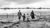 Family walking through a barbed wire fence.