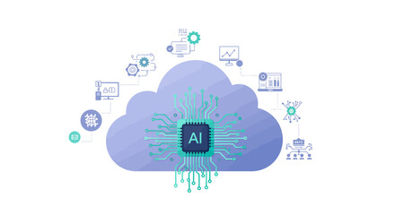 A central chip with AI sits in a cloud surrounded by interconnected tech icons on a white background