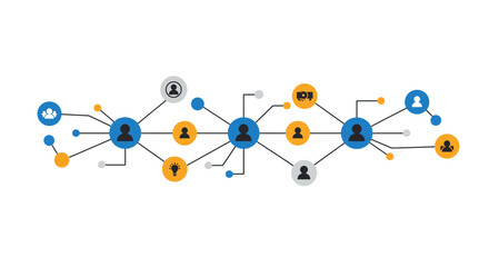 A network diagram of interconnected circles with person icons in blue yellow grey