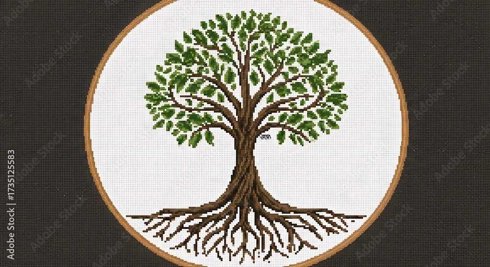 Stylized Tree of Life with Green Foliage and Deep Roots in Circular ...