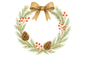 Wall Mural - Watercolor christmas wreath with pinecones, red berries, green fir branches, and gold bow on transparent background, symbolizing festive holidays