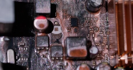 Wall Mural - Leaking paint. Digital microcircuit. Defocused orange silver red colorful glitter water metal dark black texture on abstract art background.