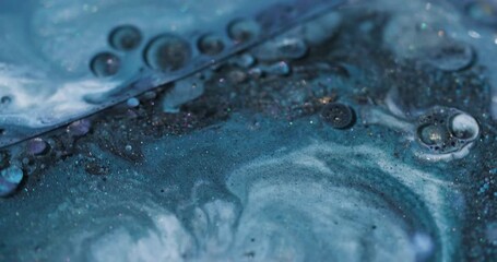 Wall Mural - Sparkling bubbles. Paint background. Defocused blue color marble shimmer water round soapy oil texture flowing on acrylic art abstraction.