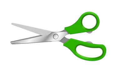Bright green handle scissors gleaming metal blades open ready for cutting and crafting work isolated on transparent background