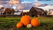 © Khairul - Rustic Autumn Barn Scene with Vibrant Pumpkins Under a Dramatic Sunset Sky