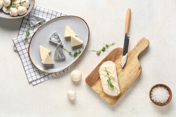 Wall Mural - Composition with triangles of tasty processed cheese, mushrooms and sea salt on light background