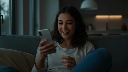 Young woman using smartphone on couch at night, illuminated by screen