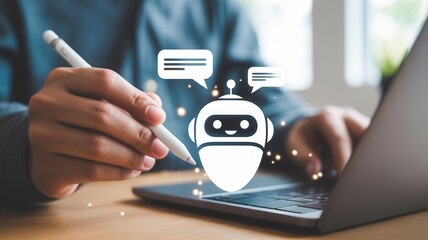 Dynamic AI chatbot interface engages user on laptop screen, symbolizing future of digital communication and automated support.