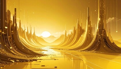 Wall Mural - Abstract golden background with moving lines and bright lights