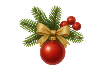 Wall Mural - Christmas ornament decoration, dangling red bauble with golden bow, pine branch, and holly berries, transparent background