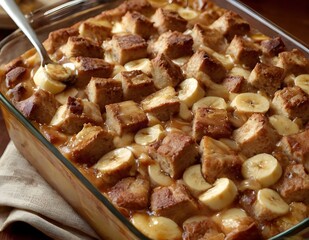 Wall Mural - caramel banana bread pudding in a dish