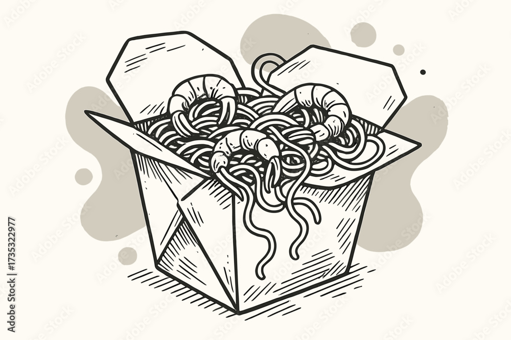Hand drawn Chinese food box with noodles and shrimp. Wok pasta for ...