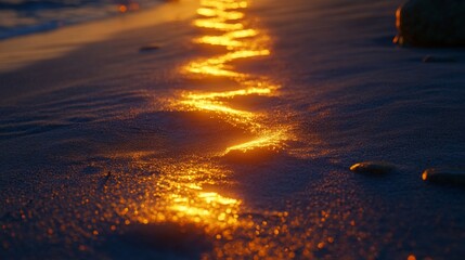 Wall Mural - a shimmering path of light dances upon golden sands. waves gently kiss the shore while the sun casts
