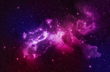 Wall Mural - A galaxy in a purple-pink cloud floats above the atmosphere on a black background with sparkling stars.