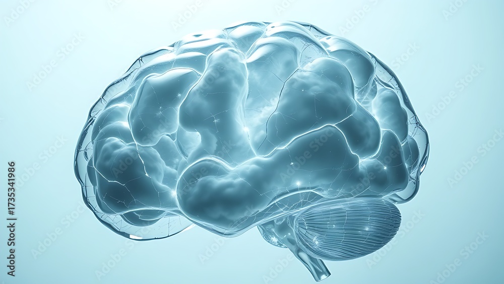 Translucent Brain Model Translucent human brain model filled with storm clouds and cracked ...