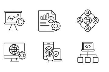 Digital business and marketing web icons. Line style collection for data management, social network, and IT. Vector set of analytics, security, and coding symbols.