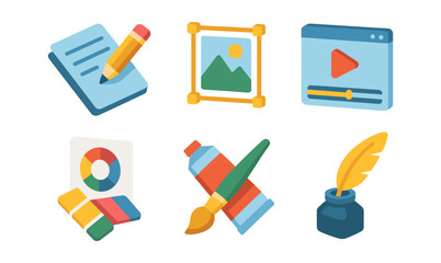 Creative tools icons set featuring art and music in colorful design