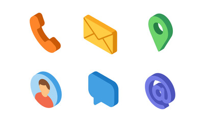 Isometric communication icons: phone, email, location, user, chat, at symbol