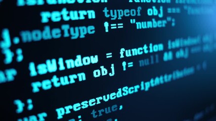Close up of computer monitor screen with blue programming code, hacker background, software development, cyber security, coding technologies and digital innovation concept