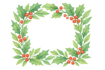 Wall Mural - Holly leaves and red berries watercolor square frame creating festive christmas border with transparent background