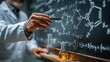 © kuchina - A scientist points to a chalkboard filled with complex scientific formulas, with two flasks of liquids on a shelf, illustrating research in a laboratory environment.