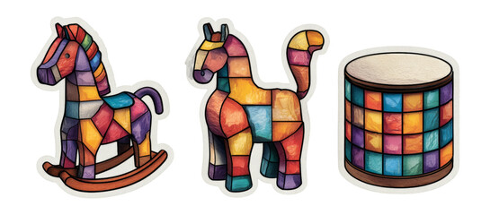 Colorful Isolated Toy Collection Featuring Rocking Horse, Cat, and Drum