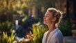 © CStock - A serene woman enjoying tranquility in a lush garden with soft sunlight, embodying peace and relaxation.