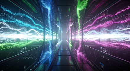 Wall Mural - Abstract Digital Tunnel with Flowing Neon Particles and Geometric Structures corridor