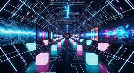 Wall Mural - Cyberpunk Tunnel with Circuitry Screens and Glowing Cubes abstract background